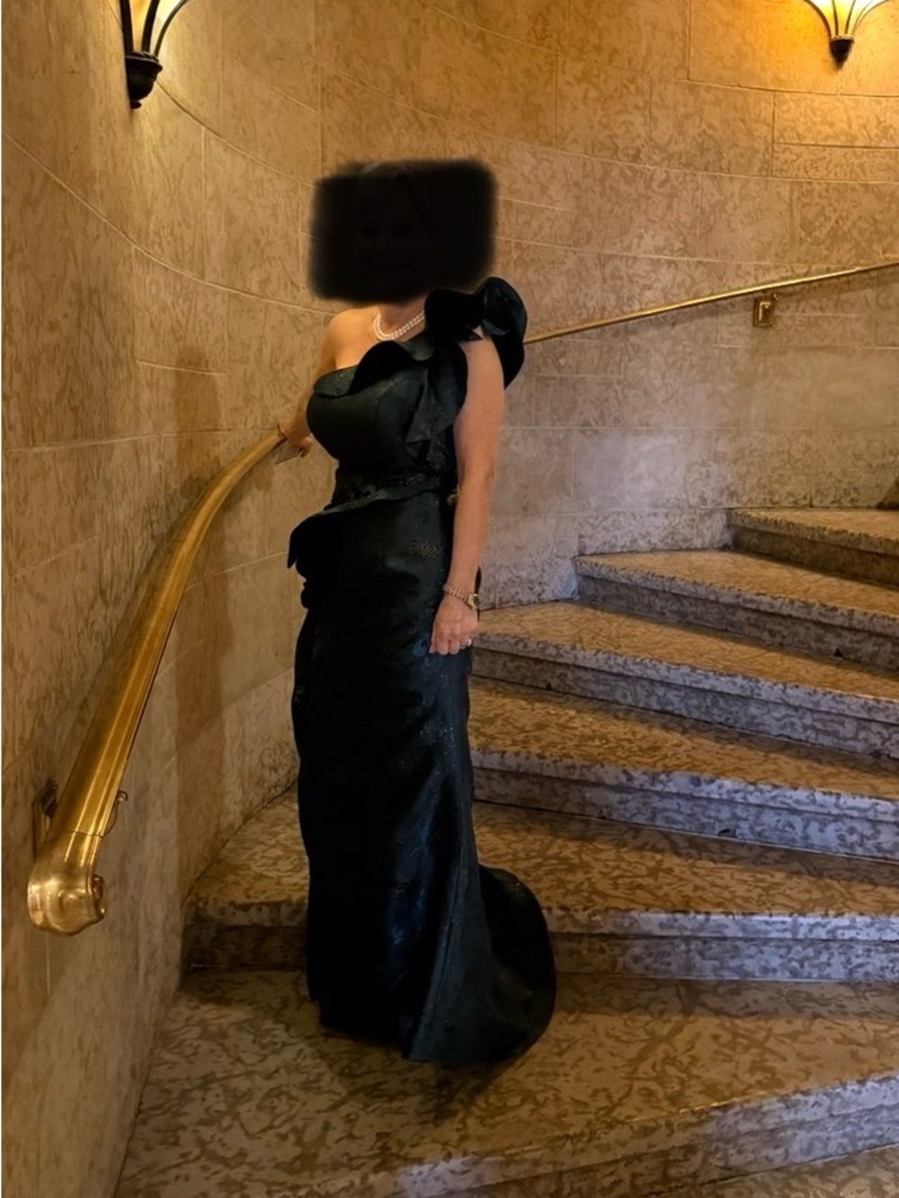 Terani Couture Dark Green One-Shoulder Ruffle Mermaid Gown
